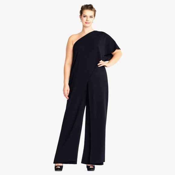 Adrianna Papell Flutter One Shoulder Jumpsuit Midnight sz 16 NEW Womens Cocktail - Picture 2 of 9